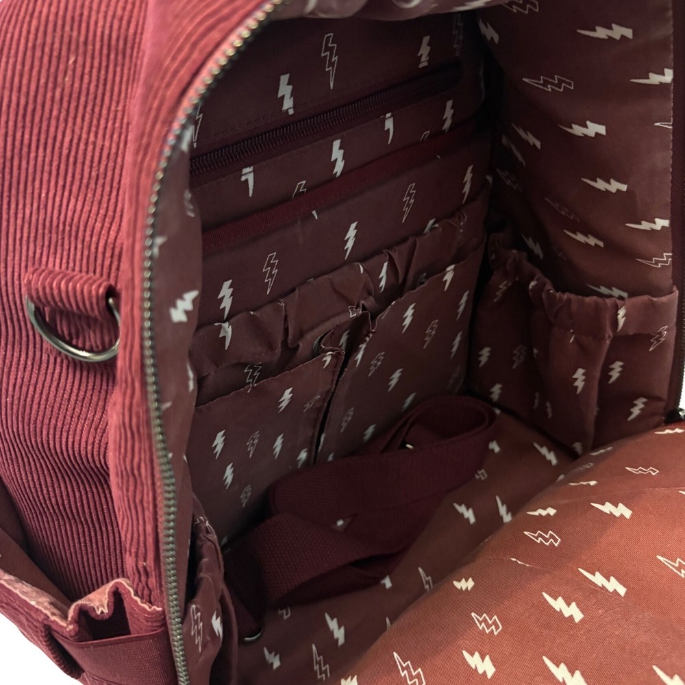 Rad Rev Burgundy Corduroy Backpack Lightning Bolt Lining Mini Diaper Bag Travel - Picture 6 of 12
